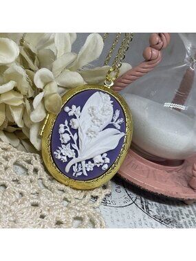 Purple White Mother birthday Lily of Valley Gold Cameo Locket Wedding Irish